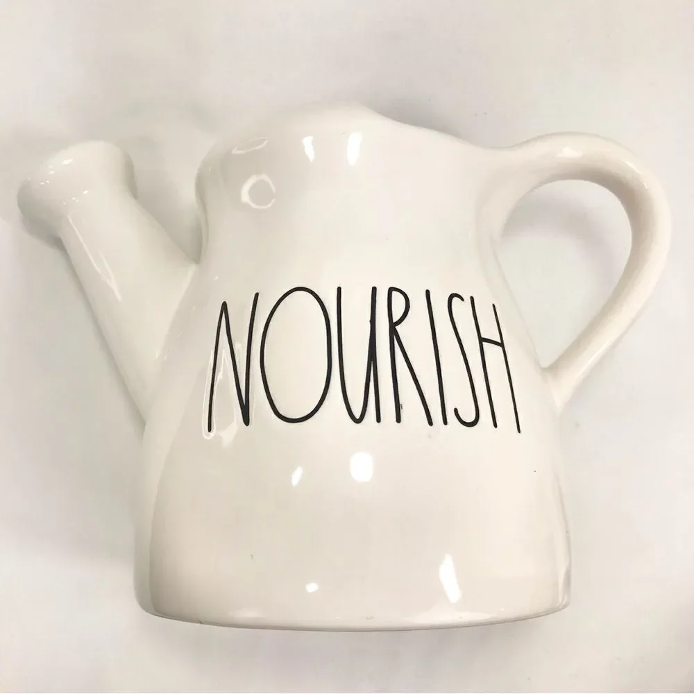 Rae Dunn Nourish White Black Ceramic Watering Can Vase